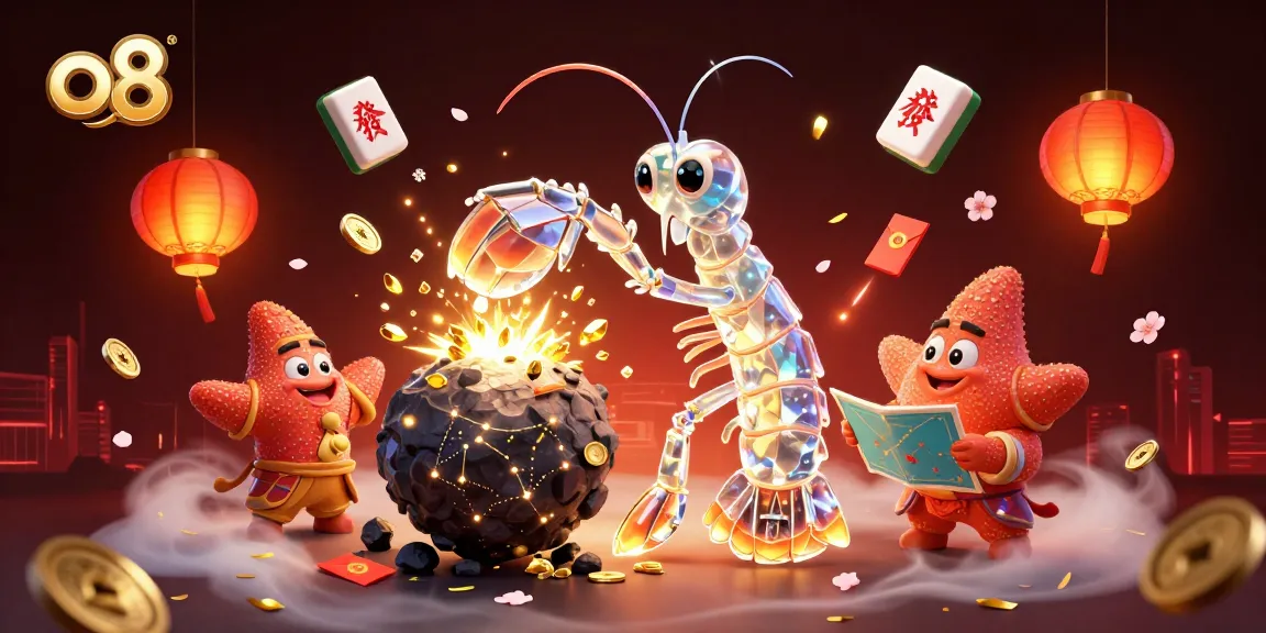 Experience thrilling adventures in o8 with a mantis shrimp hero punching through asteroids for golden treasures.