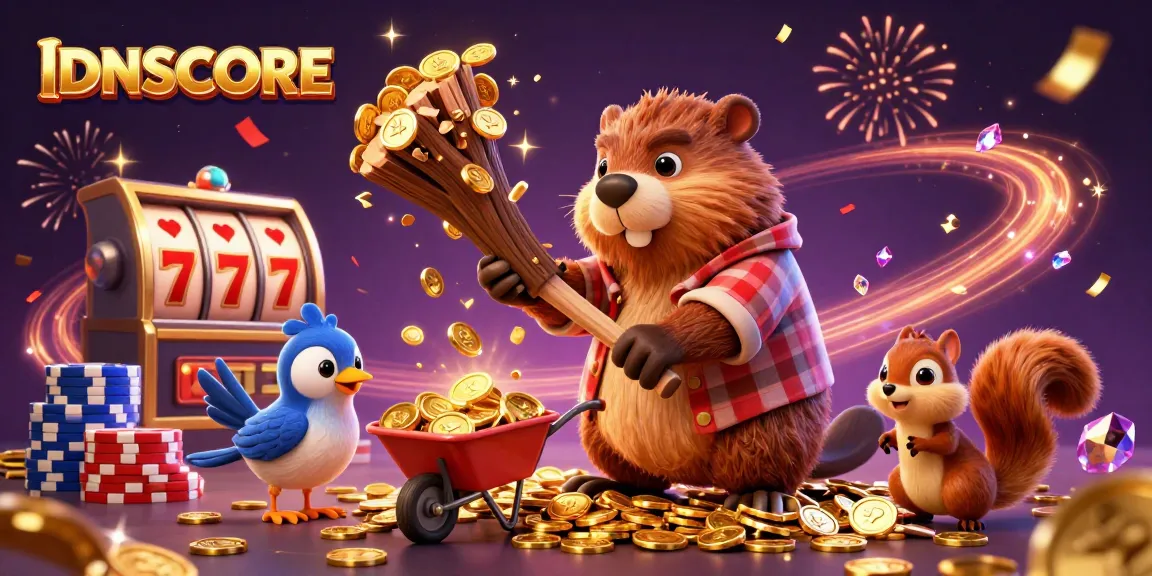 IDNSCORE platform showcases cartoon beaver chopping a tree raining golden coins amid vibrant casino elements.