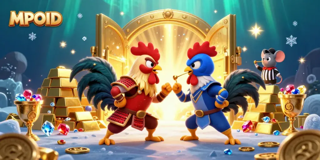 MPOID showcases a dynamic clash between cartoon roosters, surrounded by treasures and vibrant casino elements.