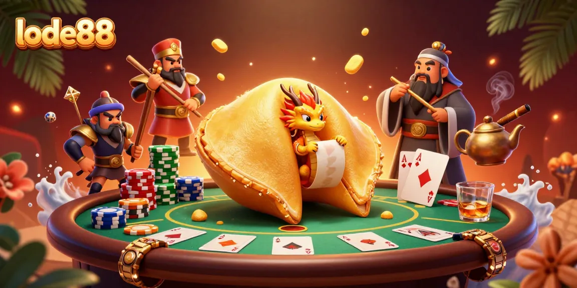 Experience lode88 excitement with a golden fortune cookie and poker theme in a dynamic 3D illustration.
