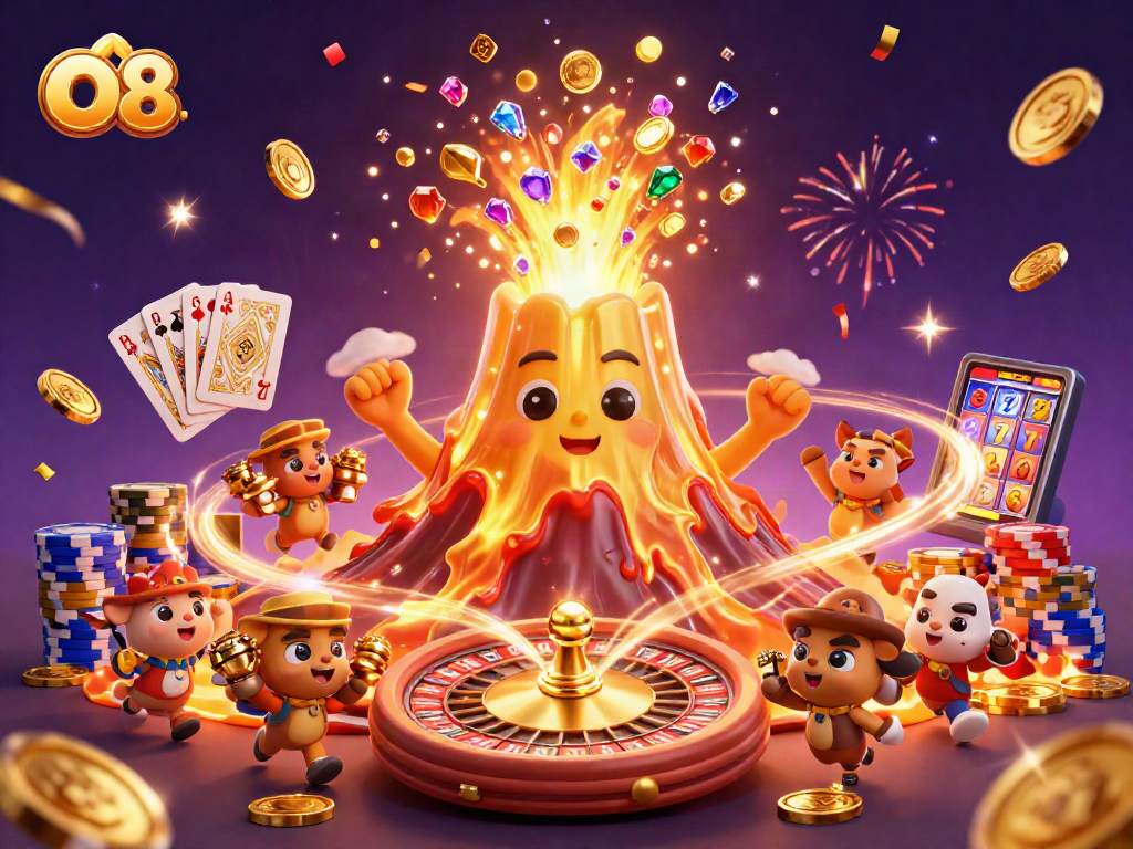 Experience O8’s winning thrill with a dynamic 3D illustration featuring vibrant casino elements.