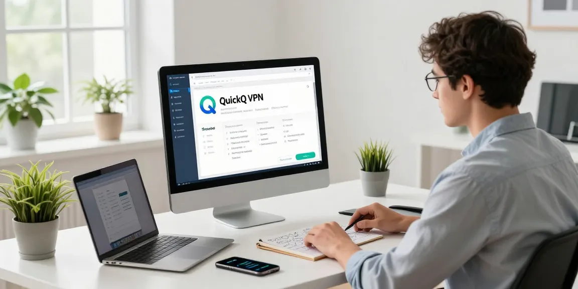 使用QuickQ下载的现代办公环境，显示VPN应用界面与技术元素，展示专业与创新的氛围
