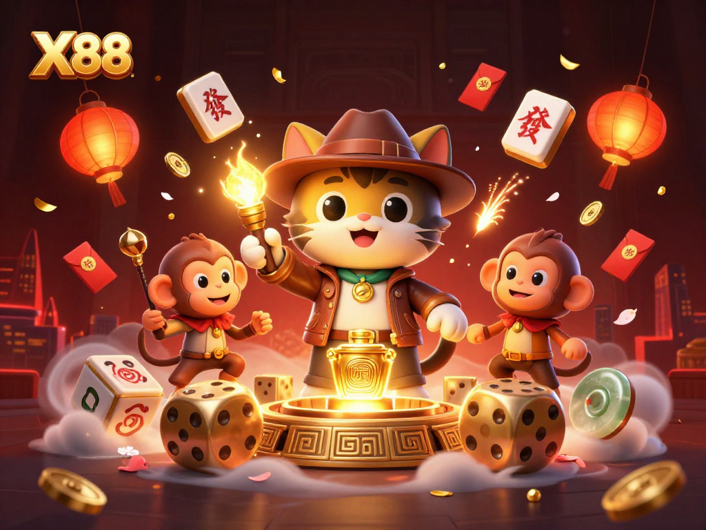X88 casino illustration with explorer cat and monkey discovering treasures amidst vibrant decorations