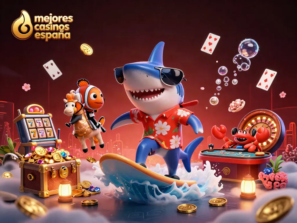Ilustración 3D de un tiburón surfista entre monedas doradas, destacando los mejores casinos España.