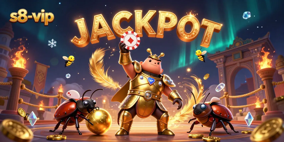 Spin to win with s8-vip's jackpot as our hero beetle lifts a poker chip triumphantly amidst golden elements!