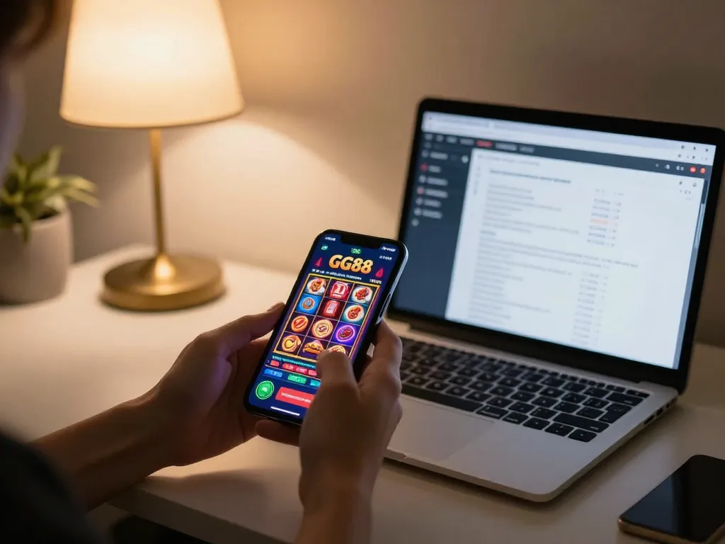 Engaging gameplay on the GG88 app in a cozy home setting, combining fun and responsible gaming.