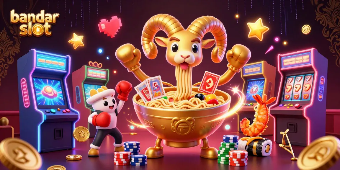 Engage with bandar slot action in a vibrant 3D casino scene featuring colorful game elements and animated characters.