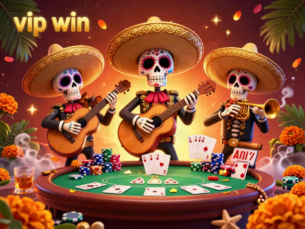 Experience winning in style at vip win with vibrant Day of the Dead themed poker action including chips and cards.