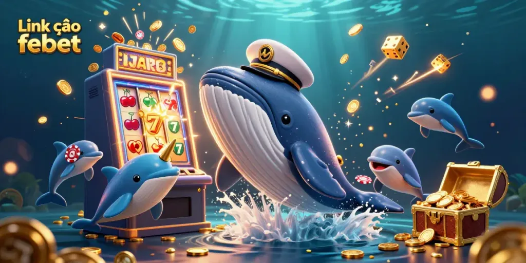 Experience excitement with Link vào febet featuring a captivating whale, narwhal, and dolphins in a casino scene.