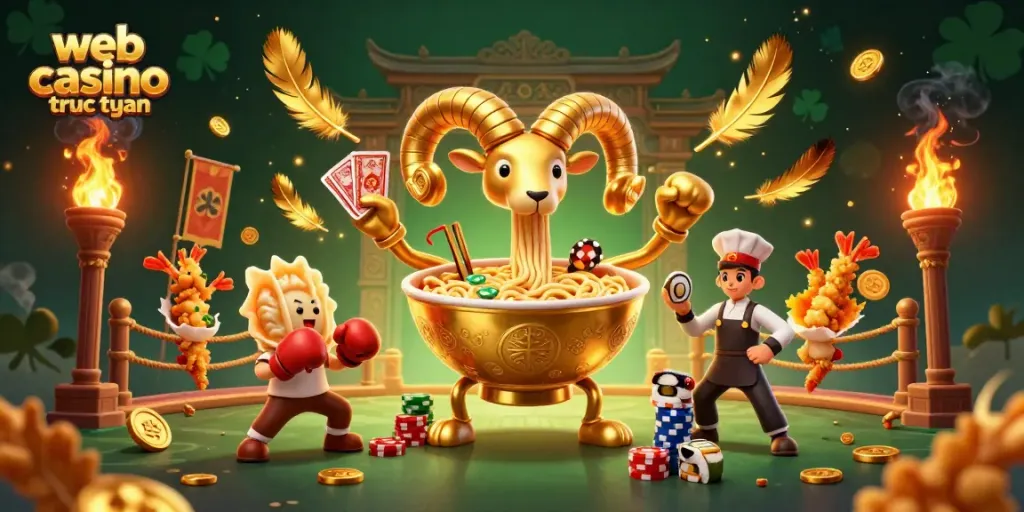 Hình ảnh mô tả sân chơi web casino trực tuyến với các nhân vật hoạt hình hấp dẫn và chi tiết