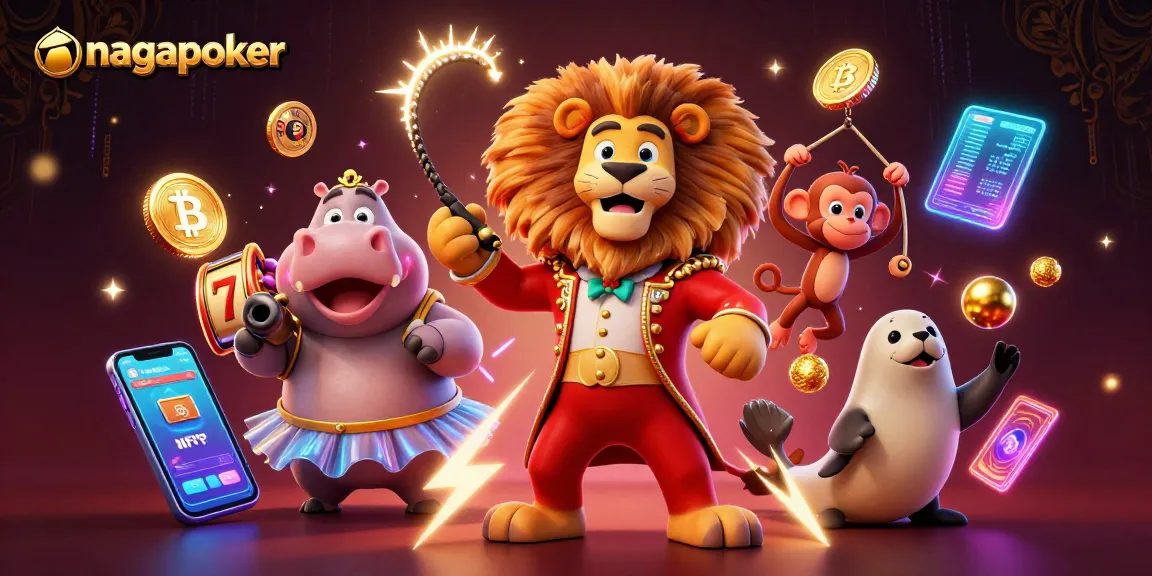 Win big with nagapoker: A vibrant 3D illustration showcasing casino elements and colorful characters for an engaging experience.
