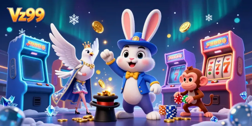 Engage in Vz99's vibrant gambling experience featuring a magician and lively casino elements.