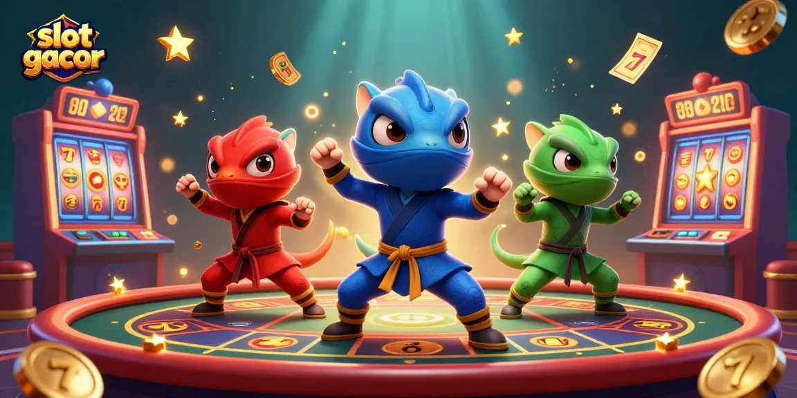 Unlock big wins with slot gacor; ninja chameleons perform on a vibrant casino table creating dynamic energy.