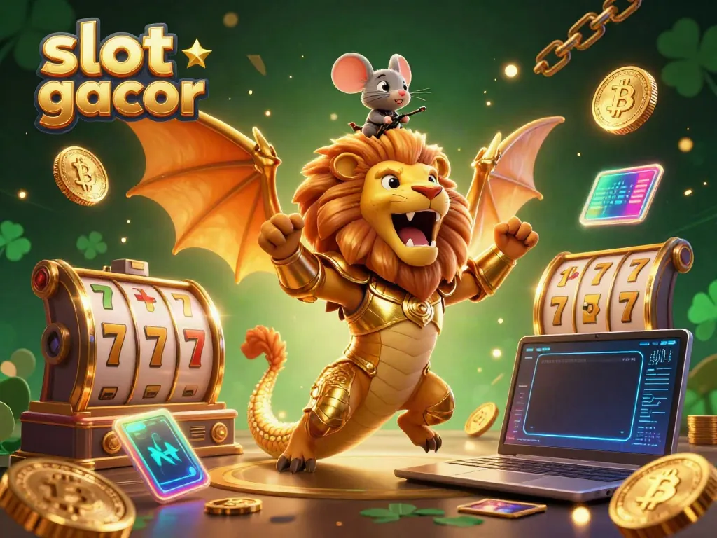 Experience excitement with slot gacor-themed creatures and glowing crypto elements in a vibrant casino setting.