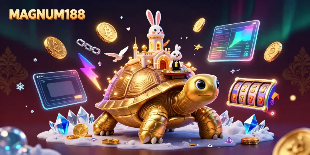 Experience the thrilling world of MAGNUM188 with a vibrant casino scene featuring a golden tortoise, rabbit dealer, and currency elements.