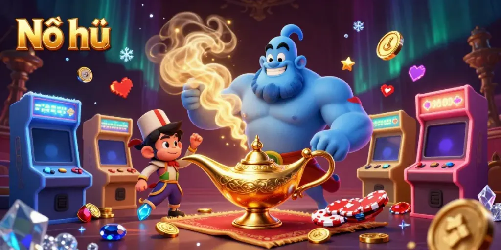 Nổ hũ cartoon scene featuring a Genie, monkey, and magic carpet amidst vibrant casino elements.