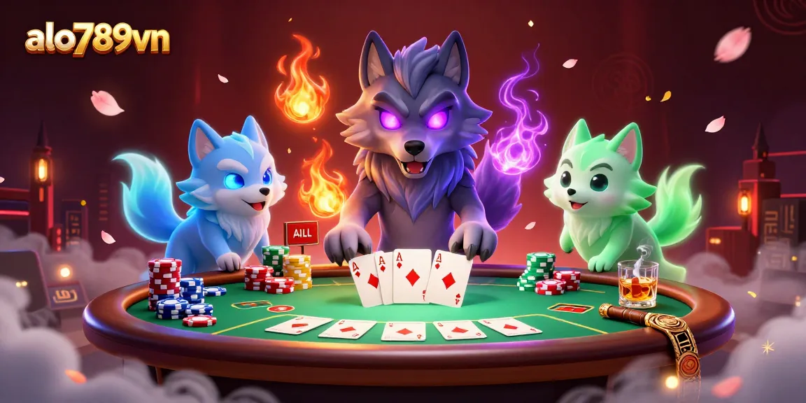 Experience thrilling action with alo789vn's 3D poker scene featuring spectral wolves and vibrant casino elements.