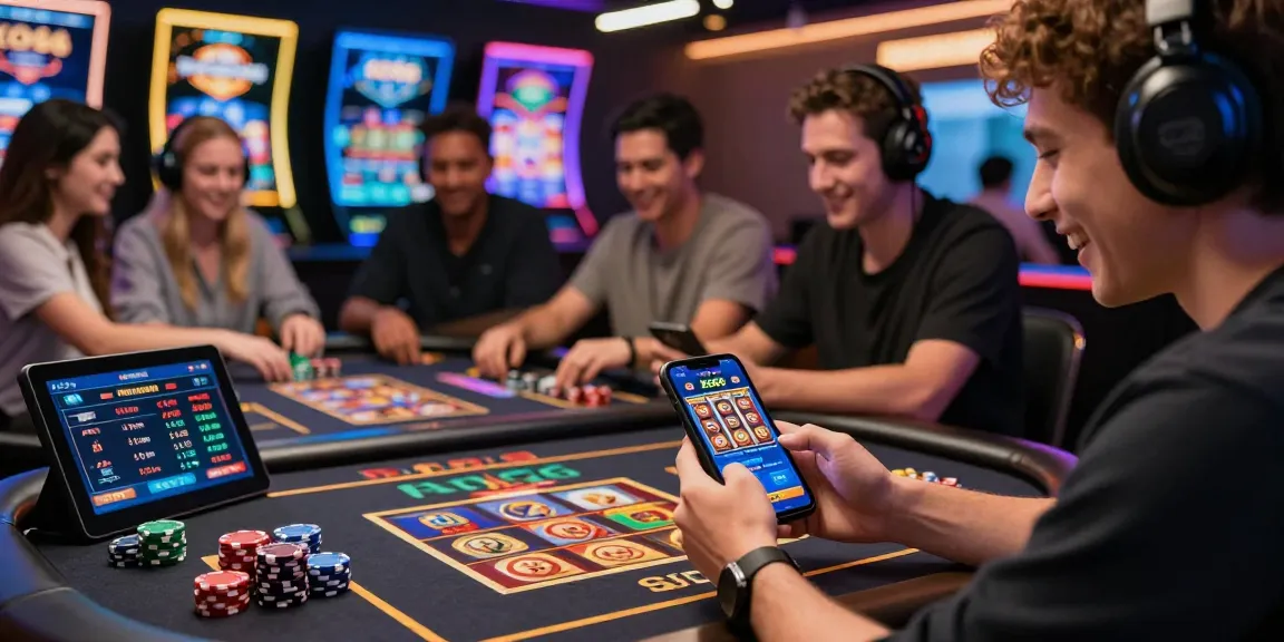 Engaged players enjoying the KO66 online gambling app in a modern casino environment, highlighting excitement and dynamic gameplay.