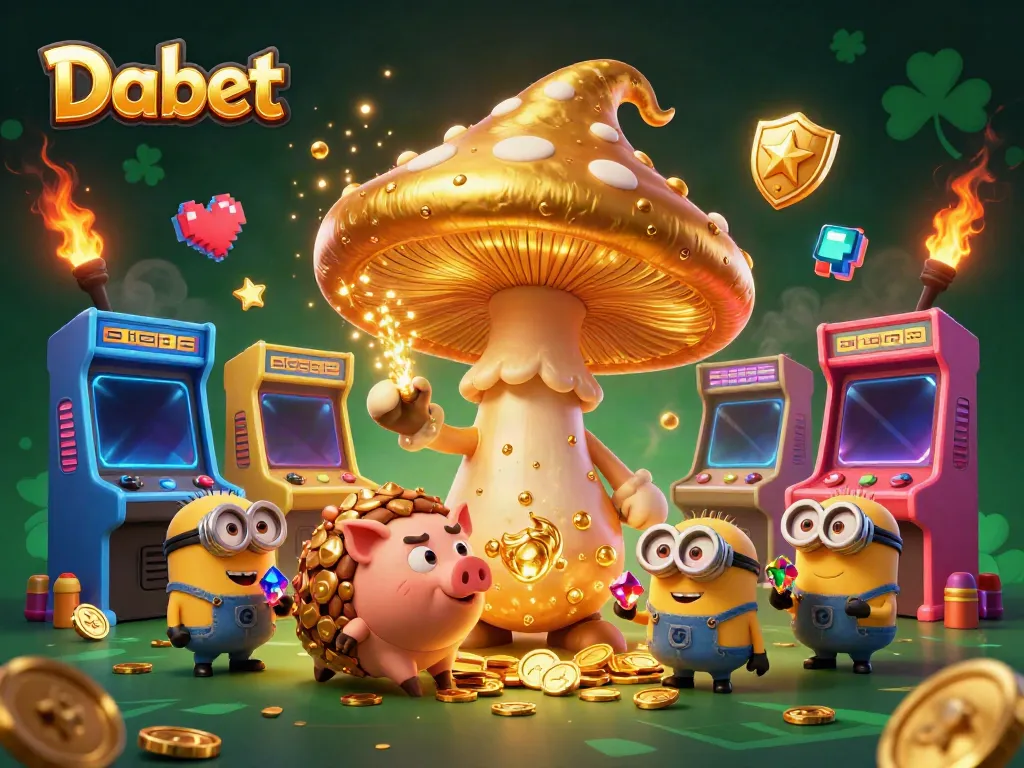 Dabet showcases a magical scene of a golden mushroom wizard transforming treasures amidst casino games.