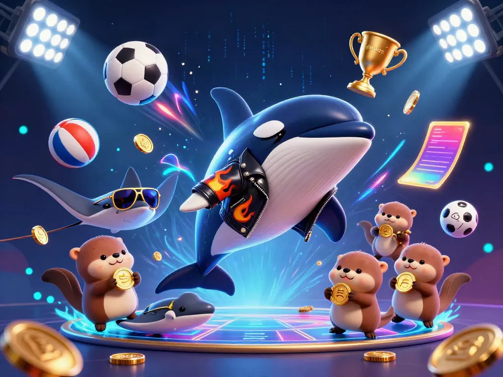 MPO08 online sports betting illustration featuring an orca, stingray, and sea otters amidst sports balls and trophies.