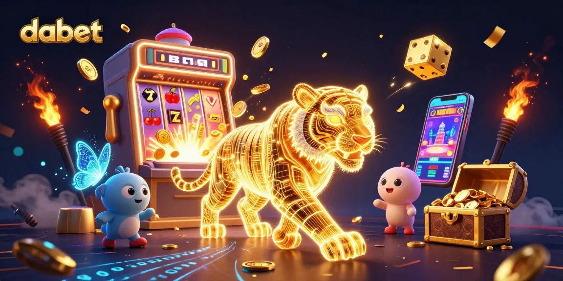 dabet's vibrant casino-themed illustration showcasing a neon tiger, slot machines, and gold treasures.