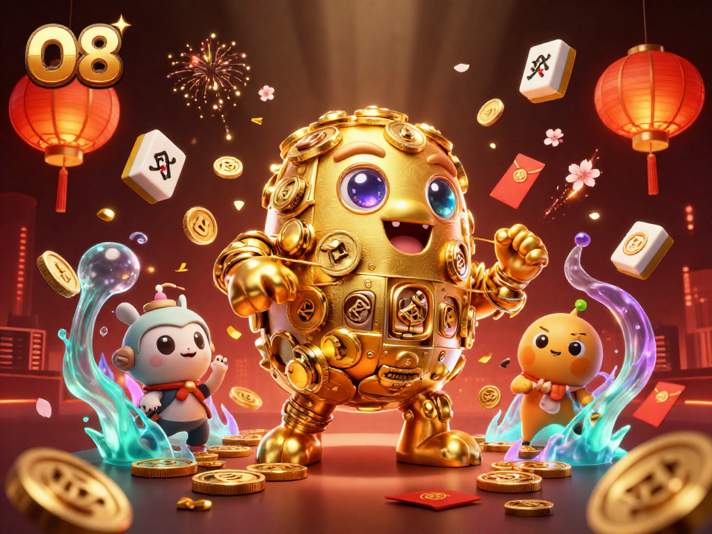 Spin the reels at O8's vibrant casino, featuring a golden golem amidst festive gaming elements.