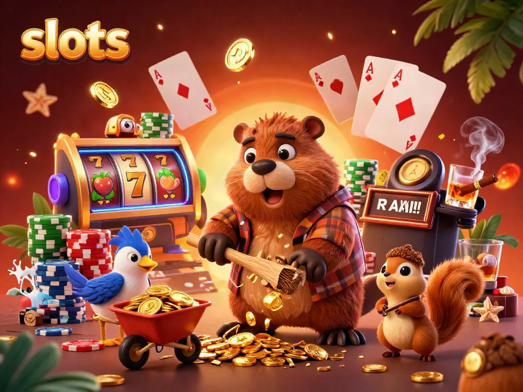 Slots game illustration featuring a beaver collecting gold coins, surrounded by dynamic gambling elements.