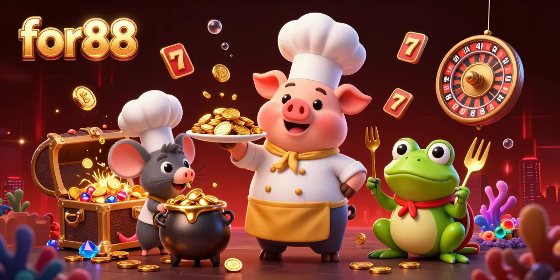 Engage in exciting gameplay with for88 as a chef pig serves gold coins among vibrant casino elements.