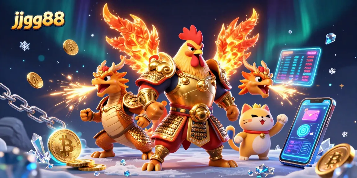 Engage with jjgg88 as a powerful rooster warrior commands attention alongside a dragon and fortune cat in a thrilling casino scene.