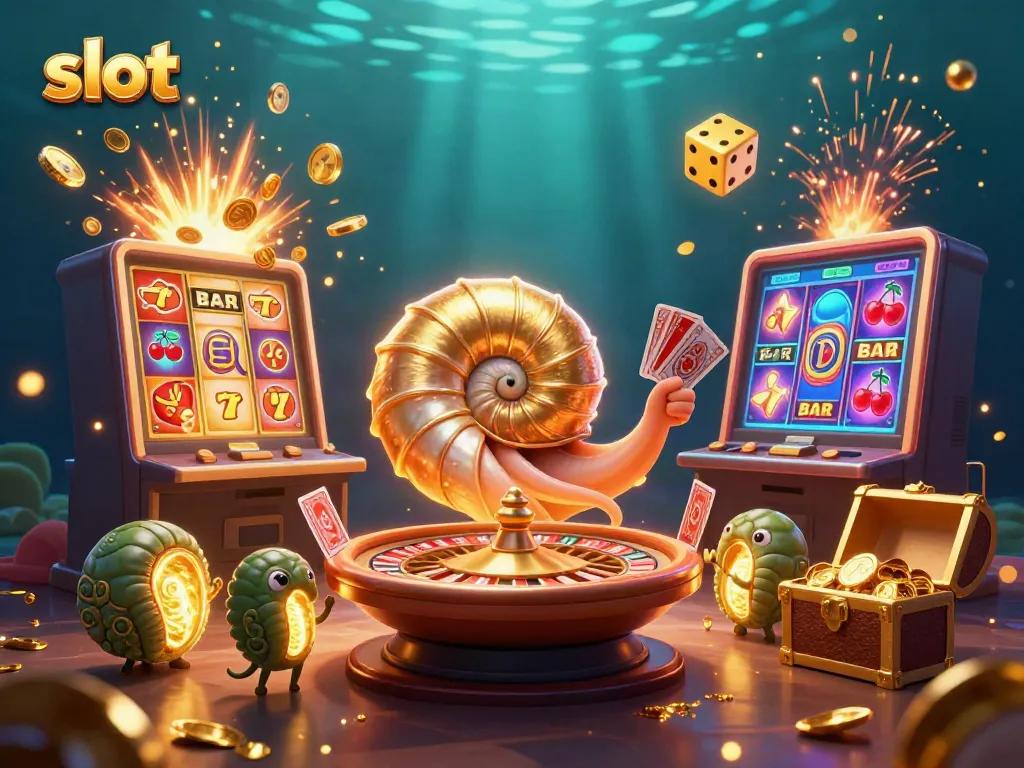 Experience the thrill of slots with an exciting 3D illustration featuring dynamic casino elements and characters.