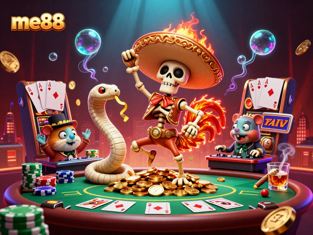 Engage with me88's vibrant casino scene featuring a festive mariachi rooster on coins, lively poker elements.
