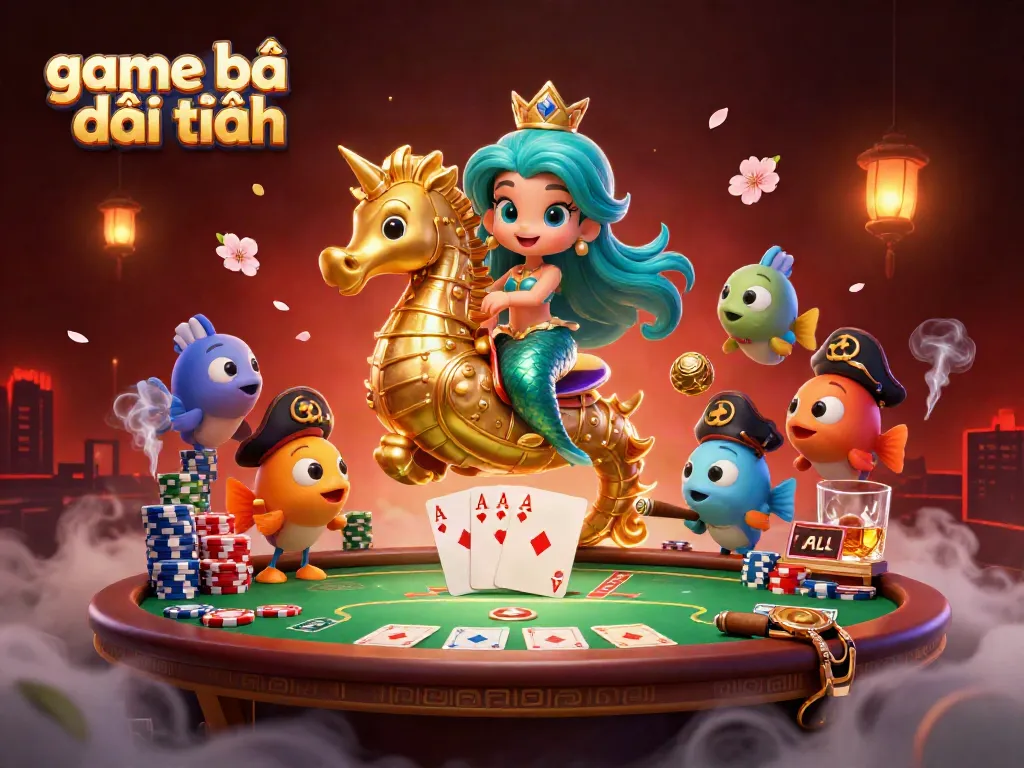 Dynamic scene of game bài đổi thưởng with a mermaid, seahorse, and poker elements, emphasizing vibrant casino action.