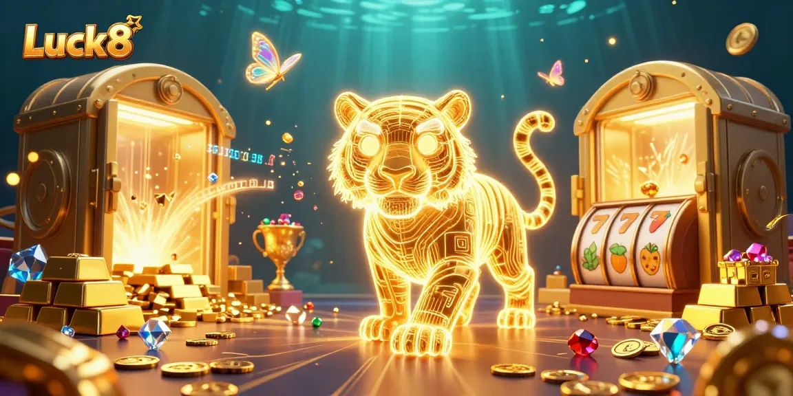 Experience Luck8's vibrant casino scene with neon tigers, slot reels, and treasures bursting with excitement.