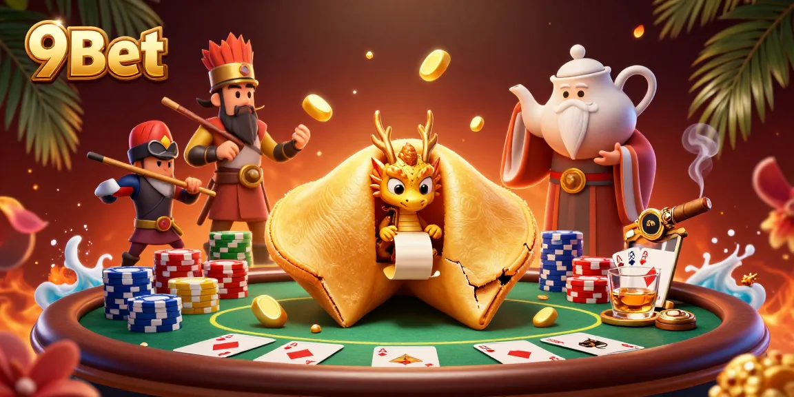 Experience the thrill with 9Bet's vibrant poker scene featuring a golden fortune cookie and dragon.