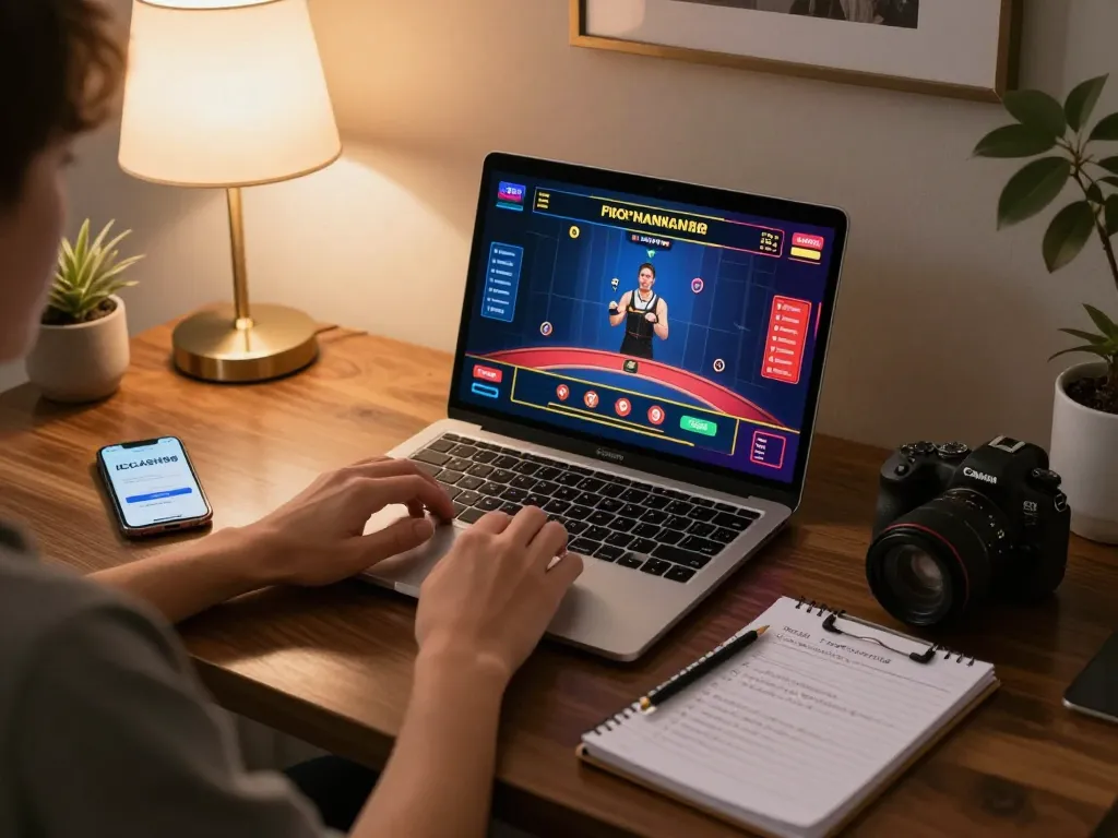 Engage in thrilling online gaming with IDCASH88 Login on a stylish laptop setup in a cozy home.