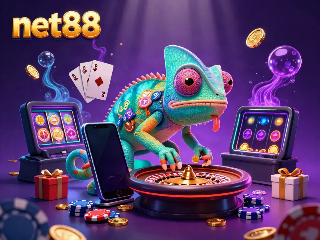Experience the thrilling world of net88 with a vibrant 3D chameleon owner surrounded by casino action.