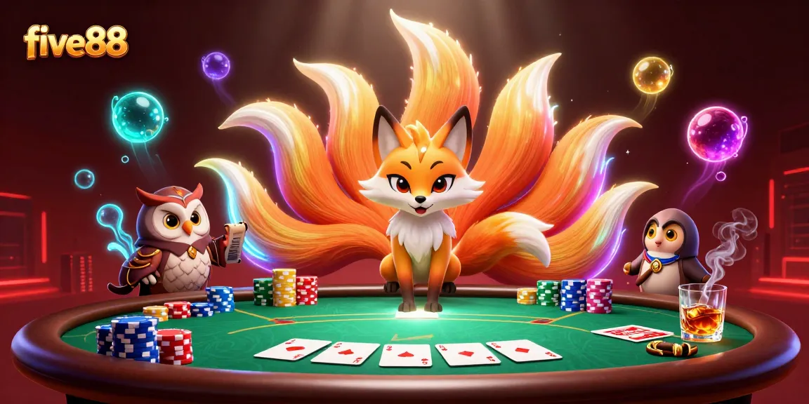 Experience the excitement at five88 with vibrant poker elements and captivating 3D characters.