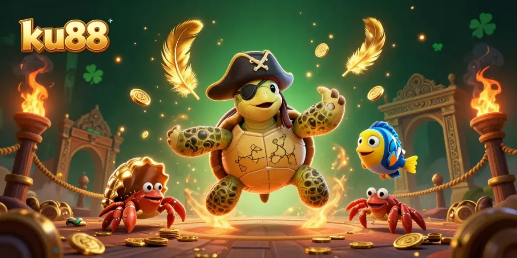 Experience thrilling gaming with ku88 in a vibrant 3D illustration of colorful casino characters amidst treasures.