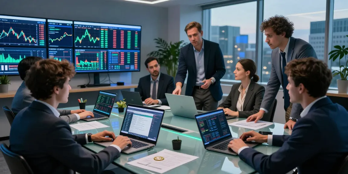 Los analistas de Immediate Edge discuten gráficos de criptomonedas en una sala de trading moderna.
