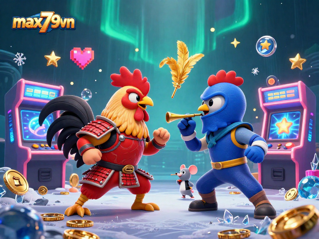 Experience thrilling gambling action with max79vn's vibrant 3D rooster standoff in a dynamic casino setting.