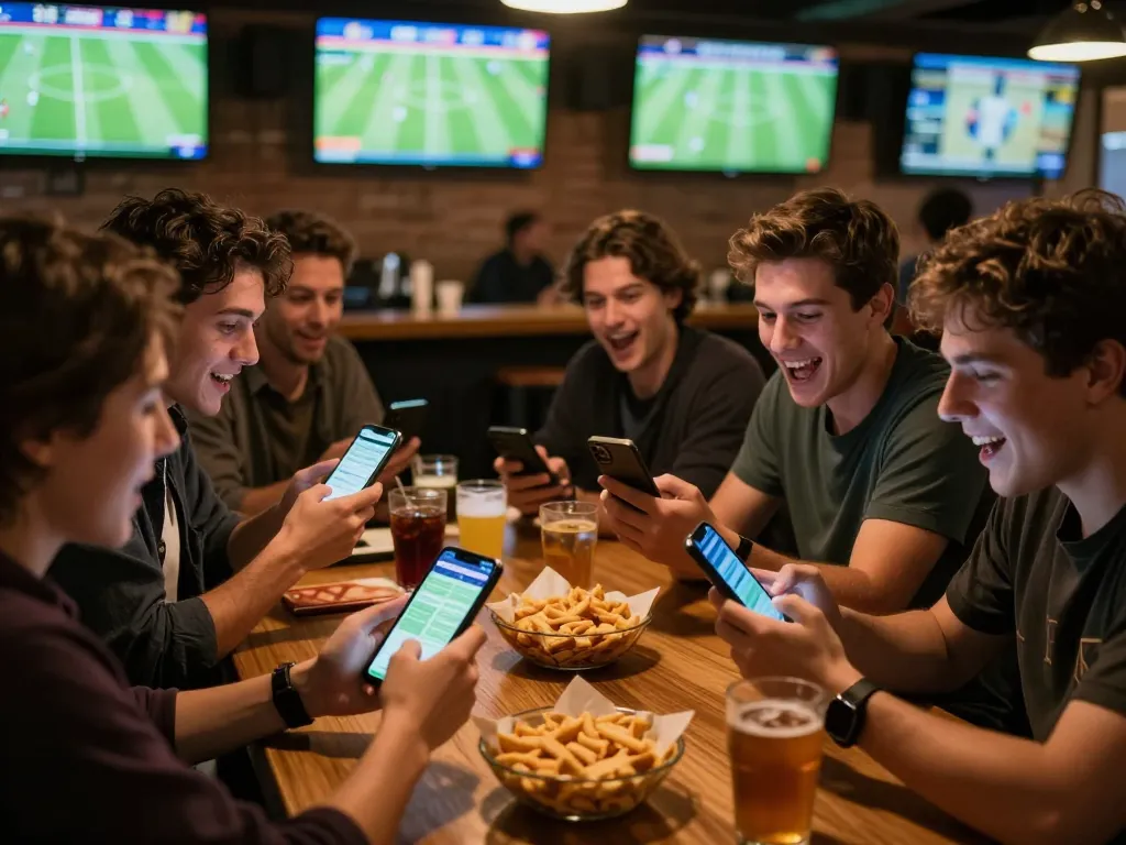 Sports bettors engaging with the 789betgo app in an energetic sports bar atmosphere.