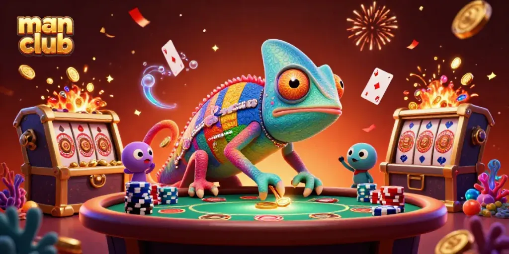 Experience the excitement of man club casino with an animated chameleon owner surrounded by vibrant gaming elements.