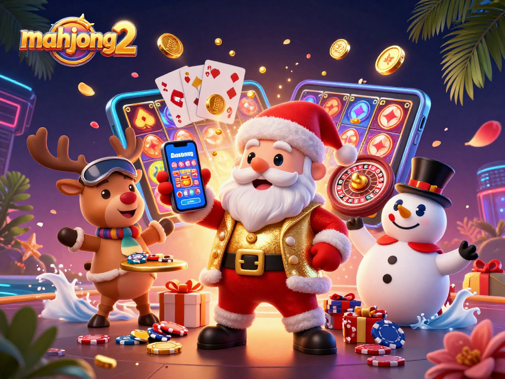 Engage with mahjong 2 as Santa and friends celebrate jackpots in a vibrant casino scene.