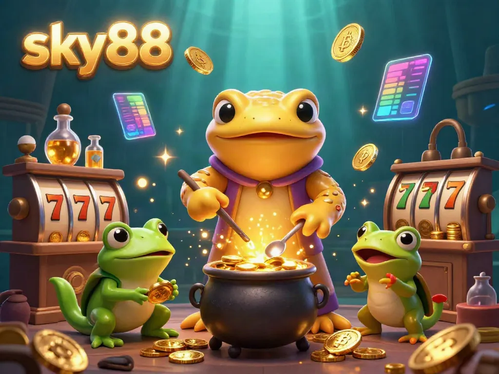 Experience thrilling strikes with sky88 slot reels and a golden alchemist in a vibrant gaming atmosphere.