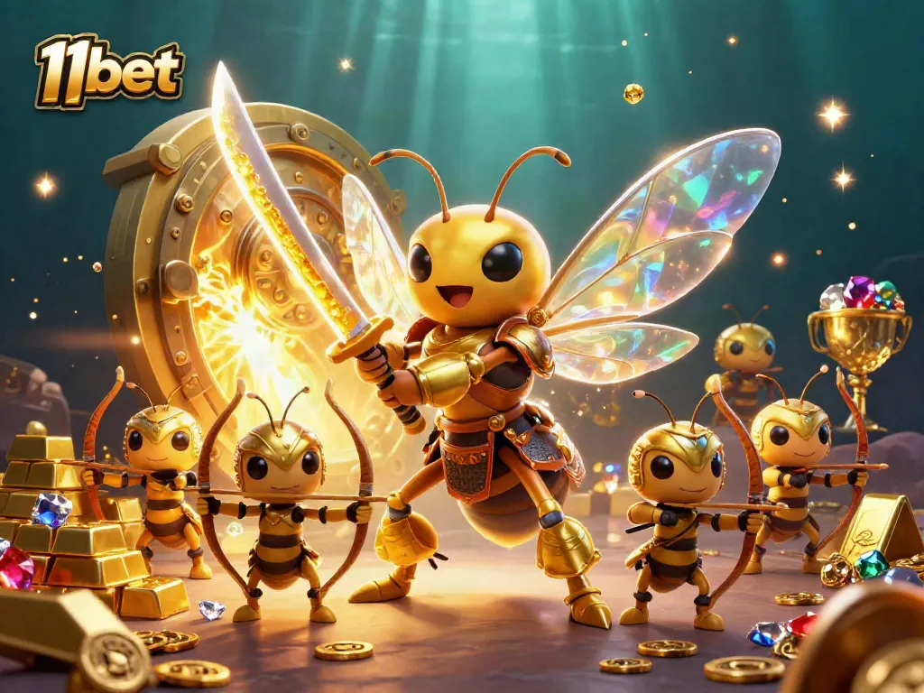 Place bets at 11bet with a vibrant and engaging magical scene featuring a golden hornet and treasures.
