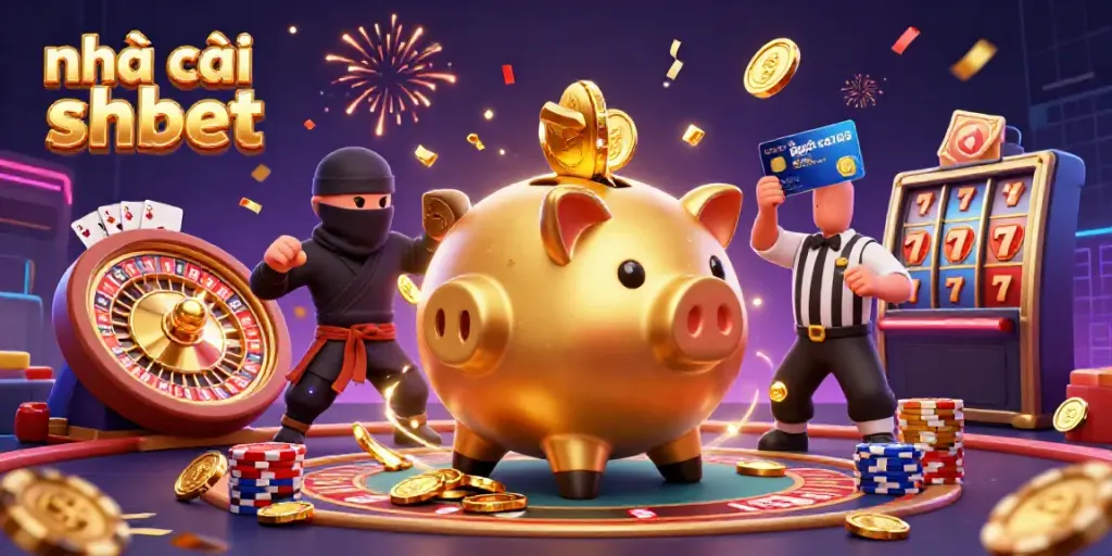 Experience excitement at nhà cái shbet with a vibrant casino scene featuring gold coins, characters, and games.