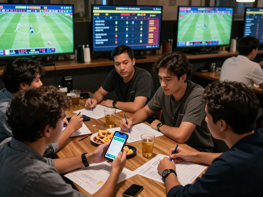Friends using Bongdallu app for sports betting during a live match while analyzing strategies.