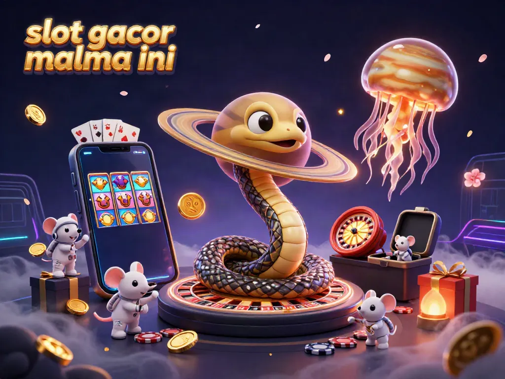 Engage with slot gacor malma ini as astronaut mice place bets on a cosmic roulette wheel, surrounded by dynamic casino elements.