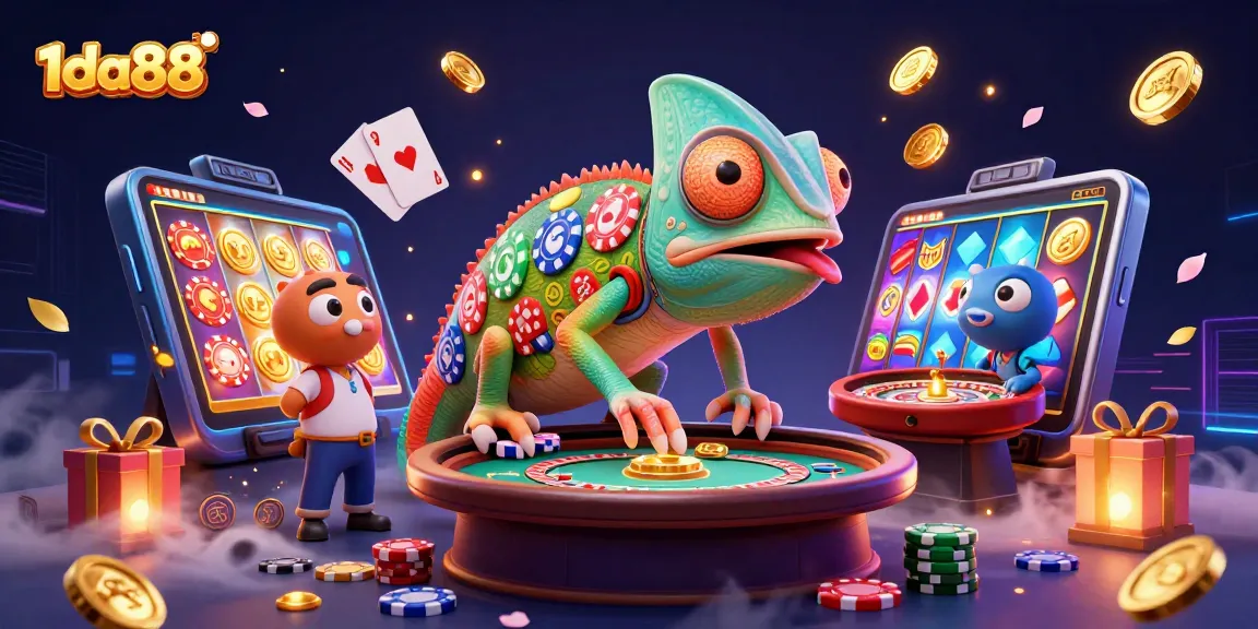 Experience the thrill of 1da88 with a colorful casino scene featuring a vibrant chameleon owner.