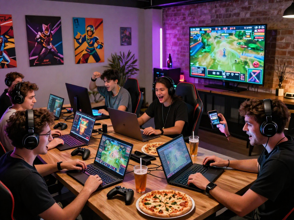 Friends enjoying gaming with http://oxbet-app.com, surrounded by lively decor and competitive atmosphere.